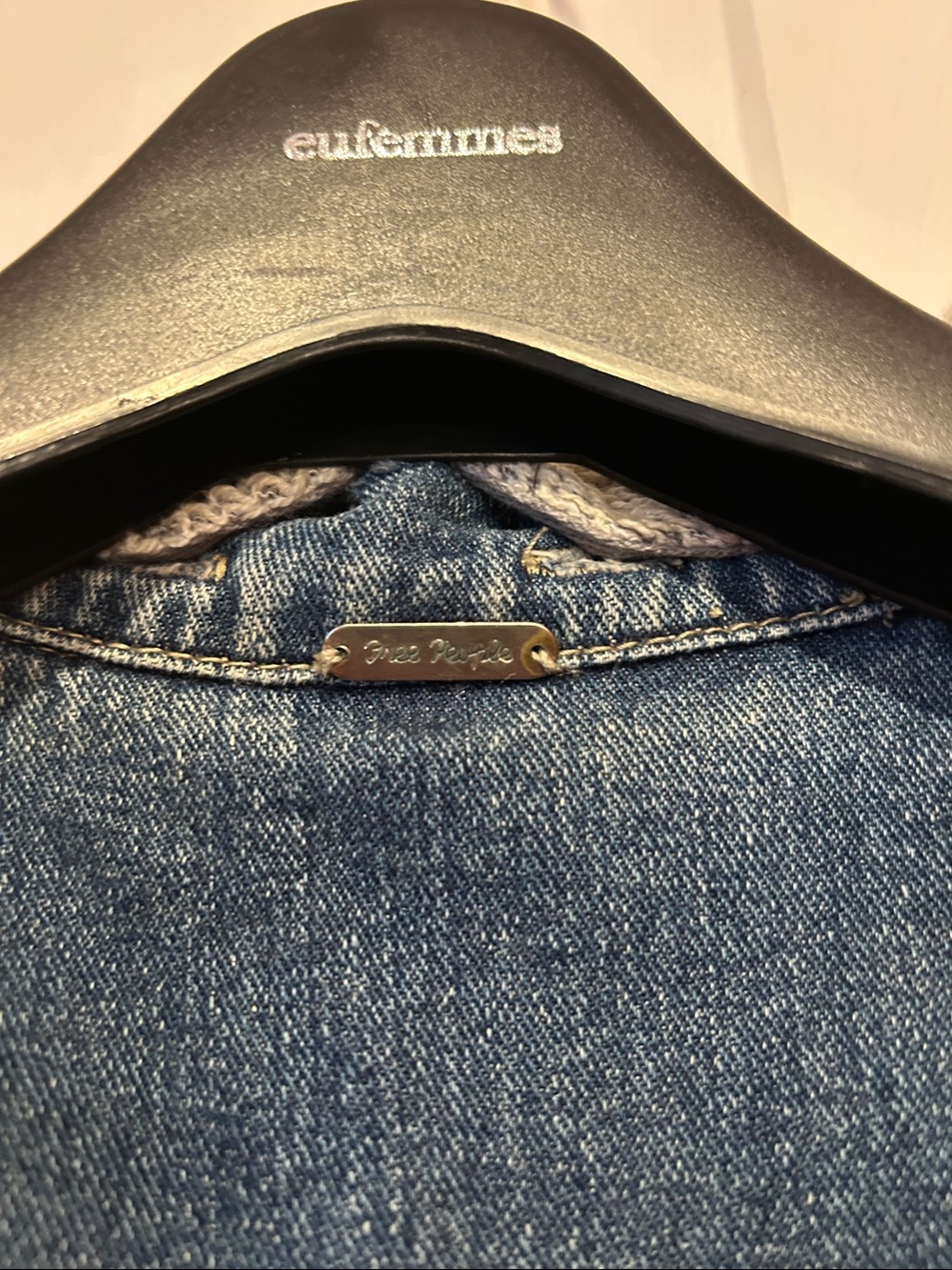Free People Blue Denim Jacket with Gray Knit Hood & Sleeves - Picture 2 of 3